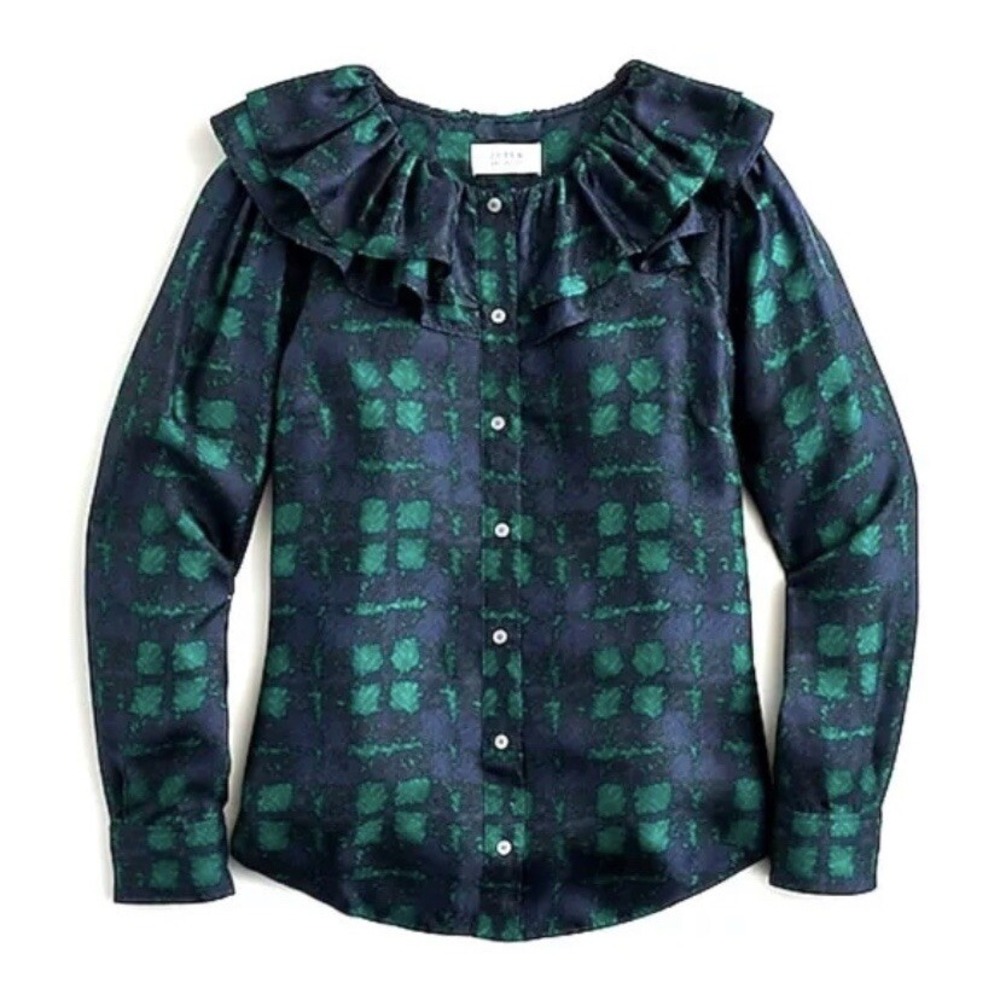 J.Crew‎ Collection Ruffle Collar Silk Blouse Womens Size L Green Navy Abstract